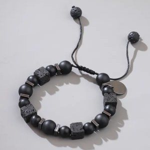 Round Matte Black Natural Stone & Square Lava Rock Beaded Adjustable Bracelet